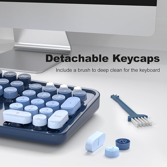 Wireless Keyboard and Mouse Combo, MOWUX Full Size Typewriter Retro Round Computer Keyboard, Cute Optical Mouse Wireless, Plug and Play, for Laptop, PC, Computer- Sea Blue Gradient