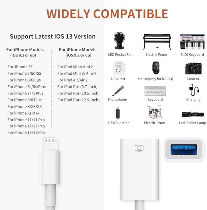 Lightning to USB Camera Adapter Apple MFi Certified Lightning Female USB 3.0 OTG Cable Adapter Compatible with iPhone/iPad, Supports Connect Camera, Card Reader, USB Flash Drive, MIDI Keyboard, Mouse