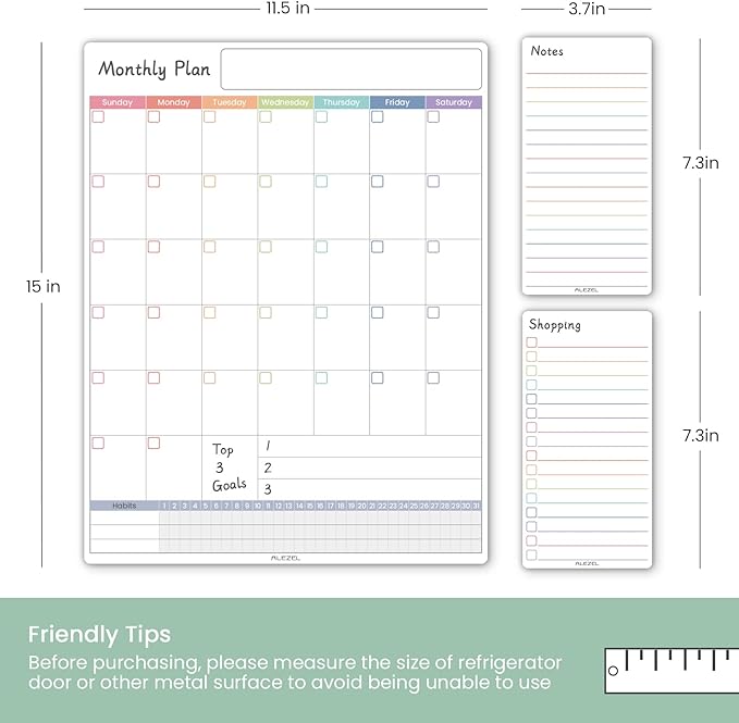 Dry Erase Calendar for Fridge Magnetic, Monthly Fridge Whiteboard Set - Vertical Magnetic Calendar for Refrigerator, Shopping List & to Do List White Board, 3 Markers + Eraser