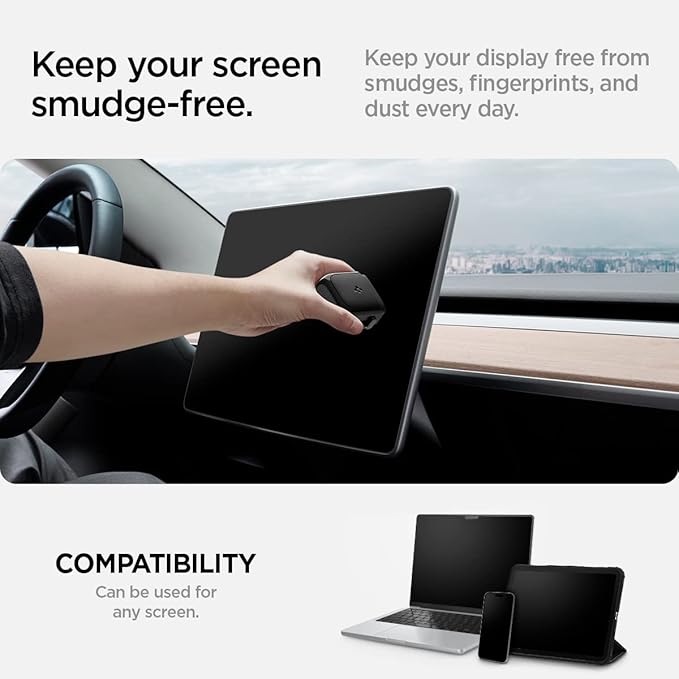 ﻿Spigen EZ Slide & Brush Screen Cleaner for Tesla Model Y 2025/26 (Juniper) & 3/Y/S/X/Cybertruck and Screens, Phones, Laptops, Tablets (Extra Microfiber Pad Included) [Black]