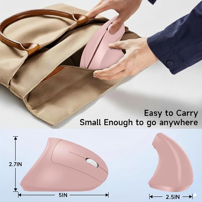 Ergonomic Vertical Wireless Mouse Stylish Rechargeable 2.4G Optical Mice Cordless Mouse with USB Receiver, 800/1200 /1600 DPI, 5 Buttons for Laptop,PC,Mac,Computer (Pink)
