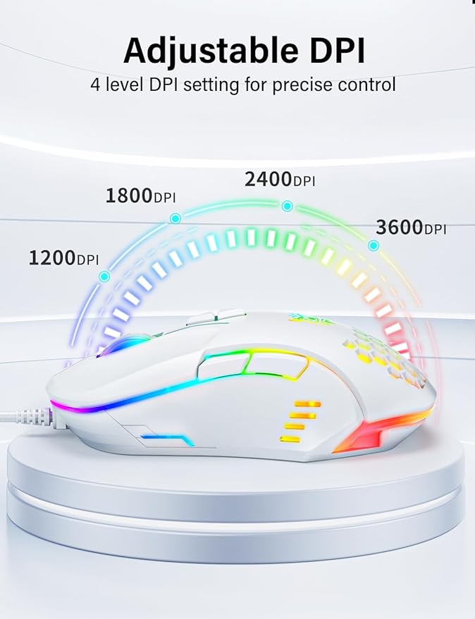 Wired USB Mouse, Computer Mouse with RGB Lighting, 4 Adjustable DPI, Ergonomic Optical Office Mouse, 7 Buttons Corded Mice for Window/PC/Laptop/Desktop/Mac/Chromebook, White
