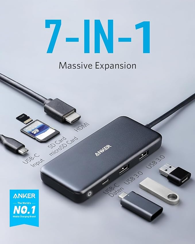 Anker USB C Hub 7-in-1 (10 Pack), with 4K HDMI, 85W Power Delivery, USB-C and 2 USB-A 5Gbps Data Ports, microSD and SD Card Reader, for MacBook Air, MacBook Pro, XPS, and More
