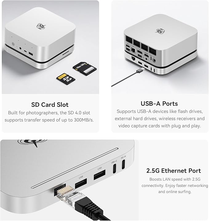 Beelink Mate SE-A Docking Stations for Beelink SER8/SER9 Pro Aluminum Alloy Body + Dual M.2 Slots (up to 2 * 8TB), with USB-C + 2* USB-A 3.0 + 2.5G LAN + SD4.0 + Type-C (PD3.0), Silver