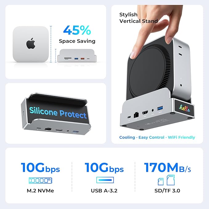 MiniDock Mac mini M4 Dock and Stand, 11-in-1 USB-C Hub with 8TB M.2 NVMe SSD Enclosure, Smart Display, 4K@60Hz HDMI, Gigabit Ethernet, SD/TF, 3.5mm Audio, PD Charging, for Mac mini/Pro/Air/Windows
