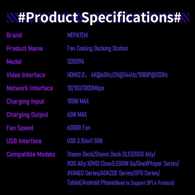 Fans Docking Station for Steam Deck/ROG Ally X/Legion Go/Claw, 6-in-1 Adjustable Stand Steam Deck Dock with HDMI 4K@60Hz, 1000Mbps Ethernet, 3* USB-A 3.0 and Fast Charging for Steam Deck OLED
