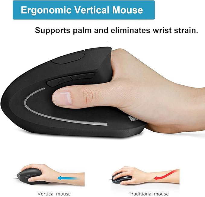 Vertical Mouse, 2.4G Wireless Ergonomic Optical Mouse 800/1200 /1600 DPI 6 Buttons Right Handed Gaming Mice for Laptop, Desktop, PC, MacBook (Black)