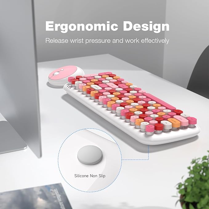 MOFII Wireless Keyboard and Mouse Combo, Full-Size Retro Typewriter-Style Wireless Keyboard with Optical Mouse for Computer/Laptop/Windows/Mac (White Colorful)