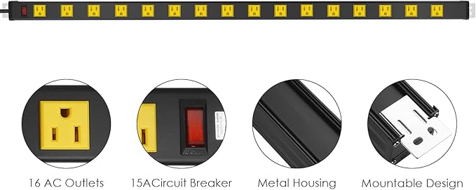 JUNNUJ Long Metal 16 Outlet Wide Spaced Garage Industrial Heavy Duty Power Strip with 4 FT Cord 15A, 125V, 1875W. Yellow