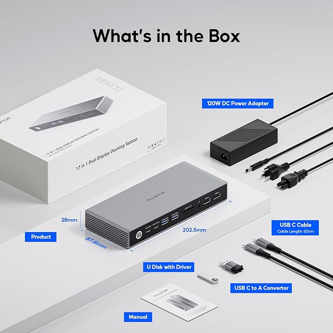 Displaylink Docking Station, USB C Docking Station Dual Displays for MacBook M1/M2/M3/M4 Windows, 4K@60Hz Displaylink Dock with 2 HDMI, 2 Display Port, 2USB C Data, 6 USBA, Ethernet, Audio
