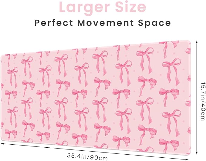 Pink Desk Mat with Bows, Cute Bow Mouse Pad for Computer Laptop PC Non-Slip Rubber Base Gaming Keyboard Pad, Large Office Mat Girly Décor Office Supplies Accessories for Teen Girls Women 35.4 x 15.7in