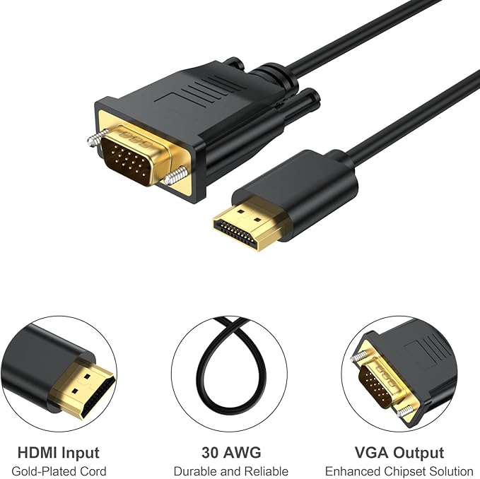 HDMI to VGA Cable 3.3 Feet, HDMI to VGA Cord (Male to Male) 1080P HD Video Cables Compatible for Computer, Desktop, Laptop, PC, Monitor, Projector, HDTV and More (NOT Bidirectional)