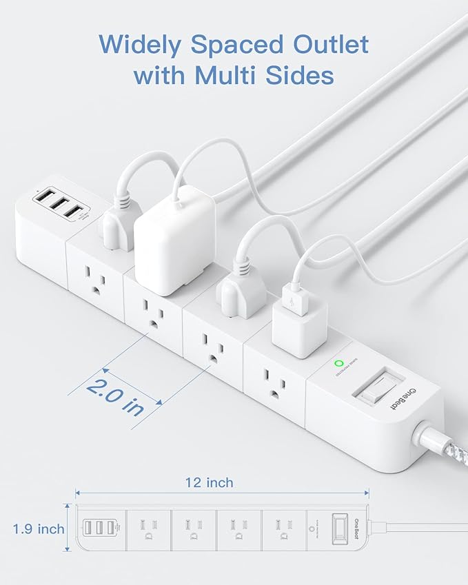 One Beat 10 ft Extension Cord,Power Strip Surge Protector 8 Widely AC Outlets 3 USB,Flat Plug,Desktop Charging Station with Overload Protection,Wall Mount for Home,Office,Travel,Computer ETL Listed
