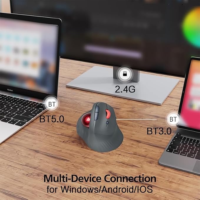 Dual Mode Wireless Vertical Computer Trackball Mouse, Ergonomic Bluetooth Thumb-Control Mouse with Quiet Clicks Ergonomic Design Adjustable CPI ,Built-in 500mAh Battery Rechargeable for PC/Mac/Laptop