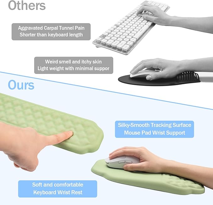 Ergonomic Mouse Pad and Keyboard Wrist Rest - Green Wrist Rest Keyboard with Mouse Wrist Pad Sets, Soft Memory Foam Wrist Support for Laptop, Mac, Office, Work, Gaming
