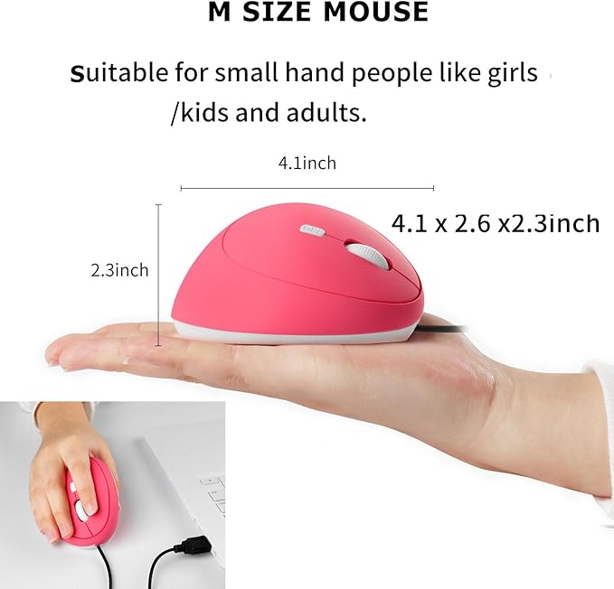 Wired Vertical Mouse, Ergonomic Optical USB Cord PC Gaming Mice 800-1200-1600 DPI Portable Silent Mause for Laptop Desktop Office Use (Pink)