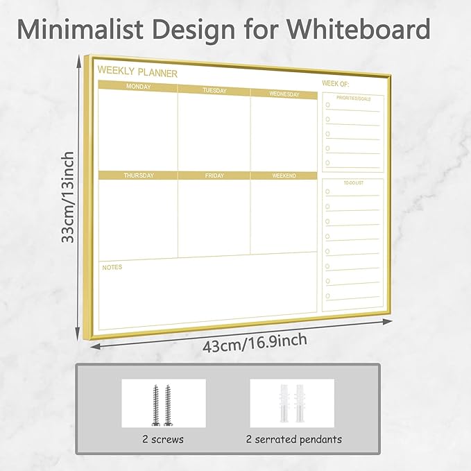 Dry Erase White Board Weekly Calendar Board, Magnetic Whiteboard for Wall, Gold Aluminum Frame Message Board, Horizontal, 17“x13“, Planner Board for Office, Home, Schooll(Weekly-BB-Gold-3343-L)
