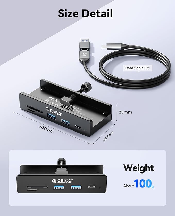 ORICO USB Hub 3.2, Clamp USB-Hub with Extra Power Supply Port, 10Gbps Aluminum 5-Port USB Extender with 2 USB-A 3.2 Ports, USB-C 3.2, SD/TF Card Reader 3.0, USB-3.2 Splitter for Monitor, Desk