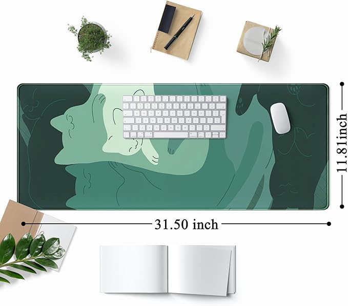 Cute Green Cat Desk Mat Extended Mouse Pad Large Gaming Mousepad XL Long Desk Pad Minimalist Laptop Keyboard Pad Deskmat Deskpad Desktop Mouse Mat Big 31.5"x11.8" with Stitched Edges