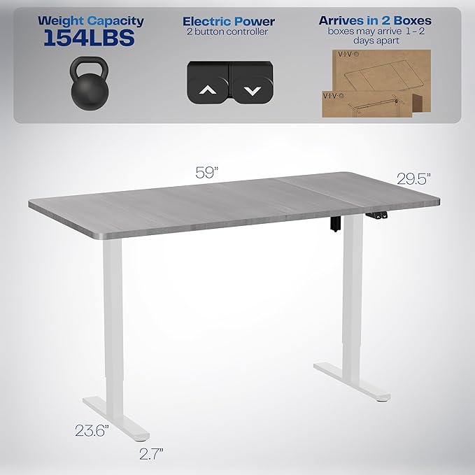 VIVO Electric 60 x 30 inch Stand Up Desk, Height Adjustable, Dark Gray Top White Frame, Home and Office Furniture Sets, DESK-KIT-0W6G