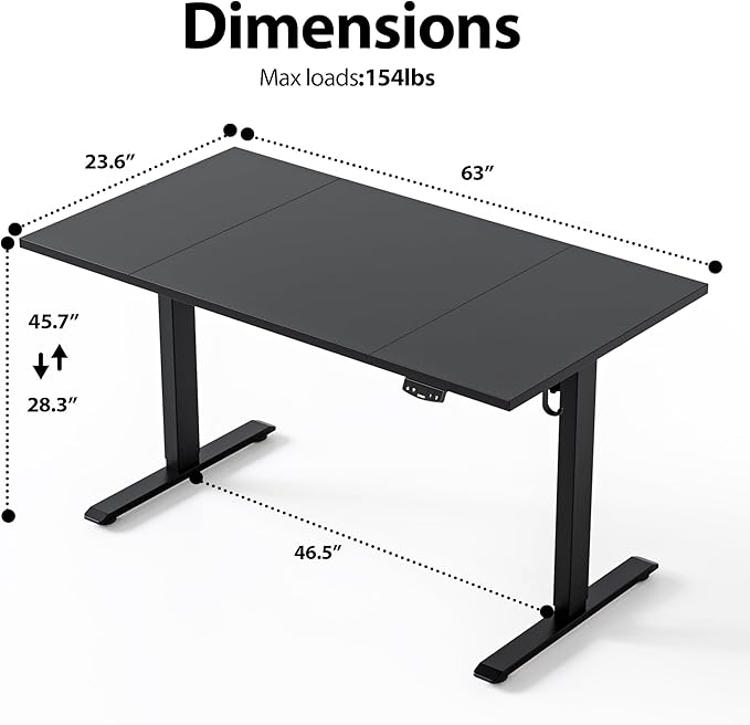Agilestic Electric Standing Desk, 63 x 24 Inches Height Adjustable Desk, Sit Stand up Desk for Work Office Home, Splice Board, Black