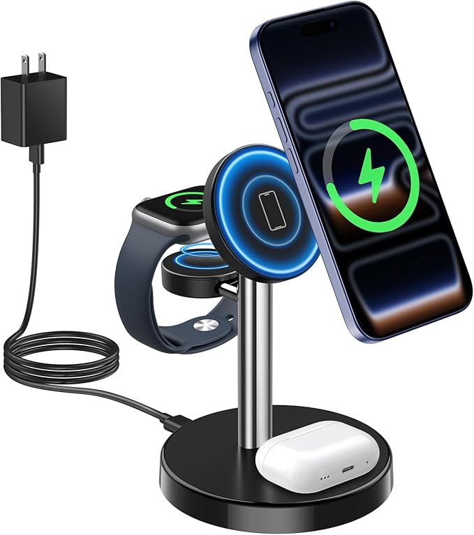 2026 3 in 1 Wireless Charging Station Compatible with MagSafe, 15W Fast Magnetic Mag-Safe Charger Stand for Apple iPhone 17 16 15 14 13 12 Series iWatch AirPods Pro 4 3 2, SilverBlack, 1 Pack
