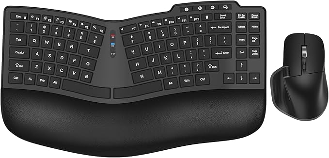 Ergonomic Wireless Keyboard Mouse, Wave Key Bluetooth/2.4G Split Design Ergo Keyboard Mouse Combo with Cushioned Palm Rest, Multi-Device, Rechargeable, for Multi-OS, Windows/Mac/Android