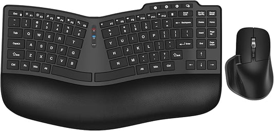 Ergonomic Wireless Keyboard Mouse, Wave Key Bluetooth/2.4G Split Design Ergo Keyboard Mouse Combo with Cushioned Palm Rest, Multi-Device, Rechargeable, for Multi-OS, Windows/Mac/Android