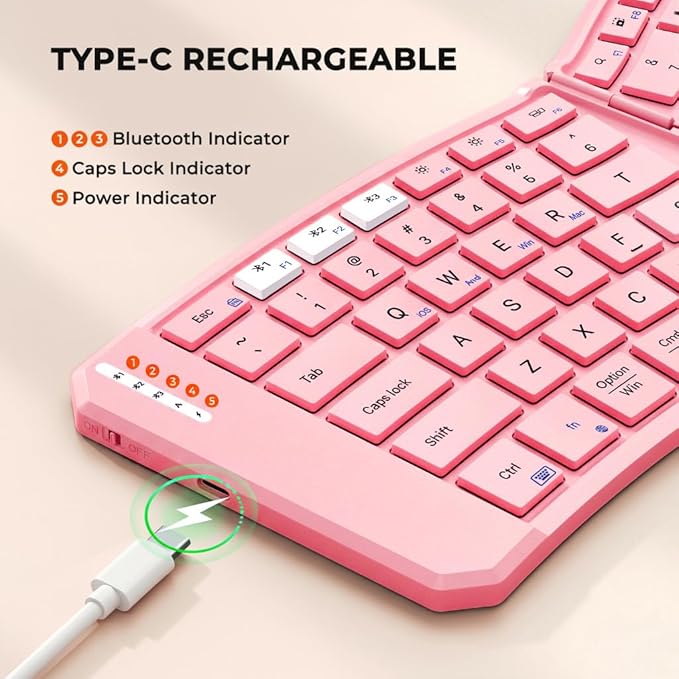 MEETION Ergonomic Foldable Bluetooth Keyboard, Split Compact Portable Keyboard for Business Travel, Ultra-Thin Folding Rechargeable Wireless Keyboards for iOS Android Windows Mac Tablet PC, Pink