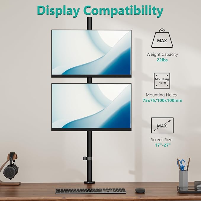 WALI Stacked Monitor Mount, Dual Monitor Stand Vertical for 2 Computer Screens Max 27'', Vertical Monitor Mount for Desk Holds up to 22lbs with Mounting Holes 75/100mm (M12XXL), Black