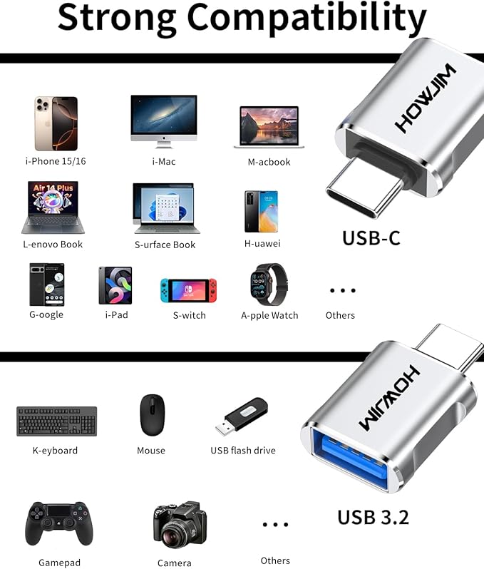 USB C to USB Adapter 6 Pack,USB C Male to USB3.2 Female OTG Adapter,10Gbps Data Transfer Fast Charging for Phone 17/16/15 Pro Max,Pad,M-acBook Pro/Air,D-ell XPS,S-urfaceBook,Phone,Laptop,Tablet Silver