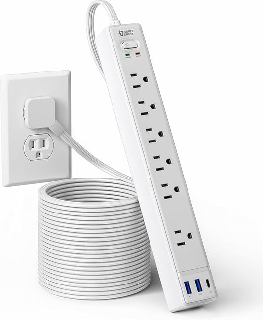 15Ft Long Extension Cord, SUPERDANNY Surge Protector Power Strip with 6 Outlets & 3 USB Ports, Flat Plug Power Strip Wall Mountable, Desk Charging Station for Home Office, College Dorm Room Essentials