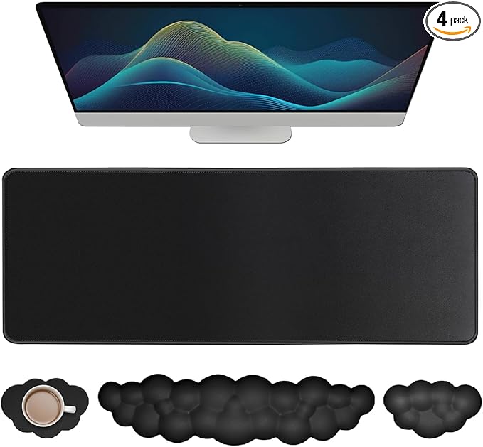 JIKIOU Large Cloud Mouse Pad Waterproof with Cloud Keyboard Wrist Pad and Cloud Mouse Wrist Pad Set, Ergonomic Computer Desk Wrist Support Mousepad for Keyboard and Mouse 31.5x11.8in (Black)