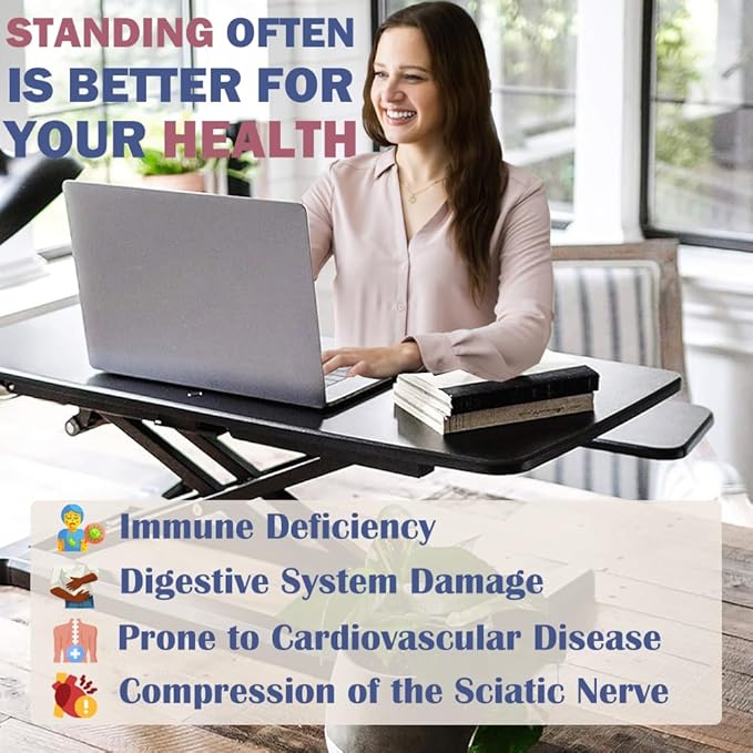 Black Desk Riser for Computer Monitors & Laptop Workstation, Height Adjustable 32 Inch Stand Up Desk Converter, Sit To Stand Tabletop Dual Monitor Riser Workstation with Wide Keyboard Tray