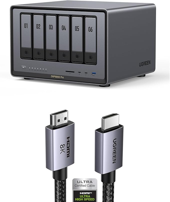 UGREEN NASync DXP6800 Pro 6-Bay Desktop NAS,Network Attached Storage (Diskless) Bundle with 8K HDMI 2.1 Cable 48Gbps 10FT
