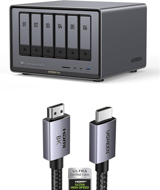 UGREEN NASync DXP6800 Pro 6-Bay Desktop NAS,Network Attached Storage (Diskless) Bundle with 8K HDMI 2.1 Cable 48Gbps 10FT