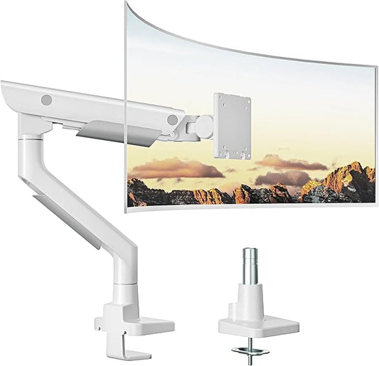 monTEK Sleek Aluminum Monitor Arm for 17–57” Ultrawide Screens up to 59.4 lbs, Heavy Duty Single Monitor Arm Desk Mount, Pneumatic Lift, Quick-Release Plate, Clamp/Grommet, Max VESA 100x100