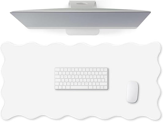 Scalloped Desk Mat Large Scalloped Piping Cute Desk Mat Aesthetic Preppy Table Pad Large Nonslip Pad with Edge Stitching Waterproof Gaming(White,23.62 x 13.78 Inches)