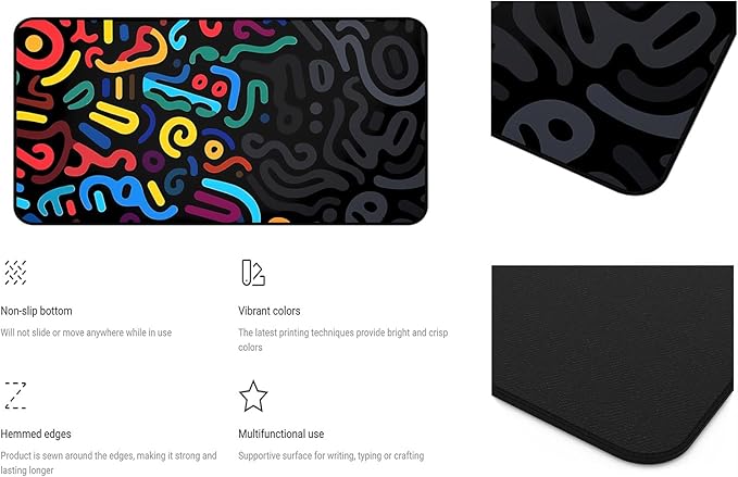 Colorful Line Desk Pad, Abstract Art Mouse Pad Mat XXL, Black Large Office Desk Keyboard Pad, with Non Slip Rubber Base and Stitched Edges Mouse Pad, Game Player's Desktop Decor 31.5"X15.7"