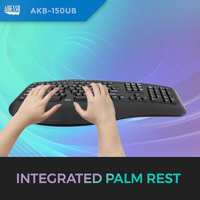 Adesso Ergonomic Split Keyboard AKB-150UB Comfort Ergo Design with Palm Rest, 105-Key US Layout, USB Connectivity, Multimedia & Internet Controls