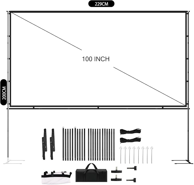 100" Projector Screen with Foldable Stand - 16:9 4K HD Anti-Wrinkle Portable Movie Screen for Indoor/Outdoor - with Carry Bag, Ropes & Pegs for Home Theater, Backyard, Camping & Party