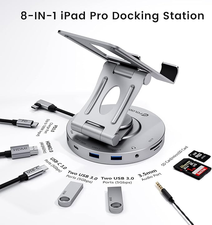 USB C Hub for Ipad Pro Docking Station, FOLODA 8-in-1 Rotatable Folding Type-C Tablet Stand with 4k HDMI, USB C 3.0 Data Port, 2*USB A 3.0, 100W PD Charging, 3.5mm Aux for Ipad Pro/Phone 15/Galaxy Tab