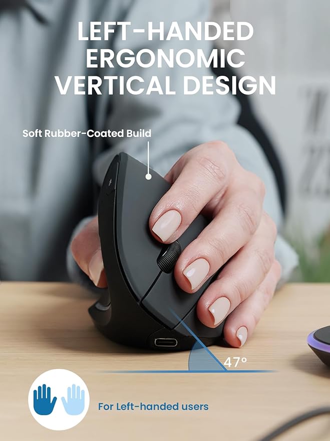 Perixx PERIMICE-713LR - Left Handed Cordless Rechargeable Vertical Mouse - Duo Wired and Wireless Charging Feature - 6 Buttons Design - Left Handed