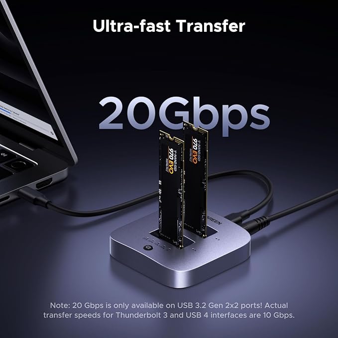UGREEN 20Gbps Cloner, M.2 Duplicator Dual Bay NVMe Enclosure, Tool-Free USB3.2 Gen 2X2 to USB Adapter M.2 Docking Station for M Key PCIE NVMe SSD Reader Supports Offline Clone Up to 16TB