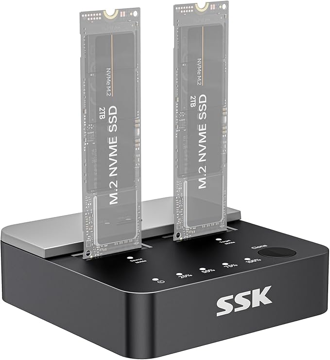 SSK NVMe SSD Cloner, M.2 Duplicator Dual Bay NVMe Enclosure, Tool-Free 20Gbps USB3.2 Gen 2X2 SSD to USB Adapter M.2 Docking Station for M Key PCIE NVMeSSD Reader Supports Offline Clone