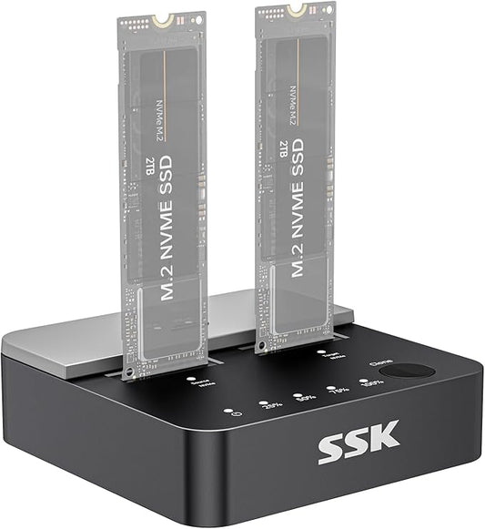 SSK NVMe SSD Cloner, M.2 Duplicator Dual Bay NVMe Enclosure, Tool-Free 20Gbps USB3.2 Gen 2X2 SSD to USB Adapter M.2 Docking Station for M Key PCIE NVMeSSD Reader Supports Offline Clone