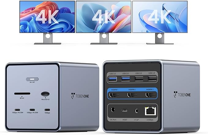 TobenONE 16-in-1 Laptop Docking Station Triple 4K Monitor with 150W Power Supply, 3 HDMI, 2.5Gbps Ethernet, 7 USB, USB-C Docking Station for Thunderbolt 5/4/3 Windows/Dell/Lenovo/HP/Asus