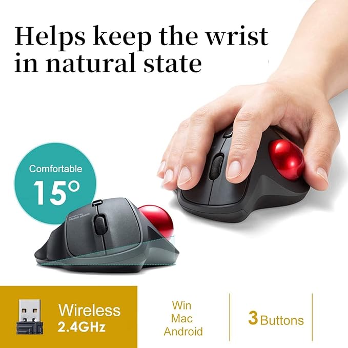 SANWA 2.4G Wireless Ergonomic Trackball Mouse, Optical Vertical Rollerball Mice, Silent Buttons, 34mm Trackball, 600/800/1200/1600 Adjustable DPI, Compatible with MacBook, Laptop, PC, Windows, macOS