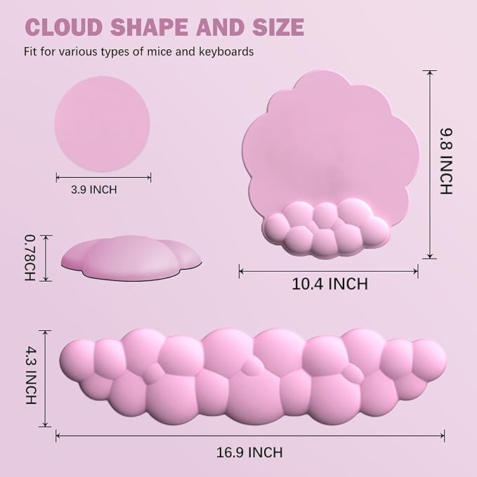 Cloud Keyboard Wrist Rest and Mouse Pad with Wrist Support Set, Ergonomic PU Leather Mouse Pads, Pain Relief Memory Foam Non-Slip Mousepad for Computer,Laptop,Pink