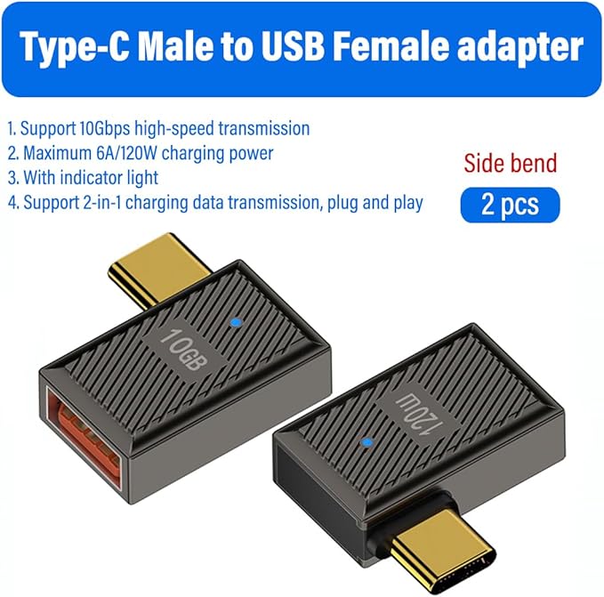 5 Pack USB-C to USB-A Adapter, 10Gbps 120W with LED, Compatible with Laptop, Tablet,Smartphone (Straight+U Type+Positive Bend+90 Degree Angle+Side Bend USB-C to USB-A with LED Indicator)